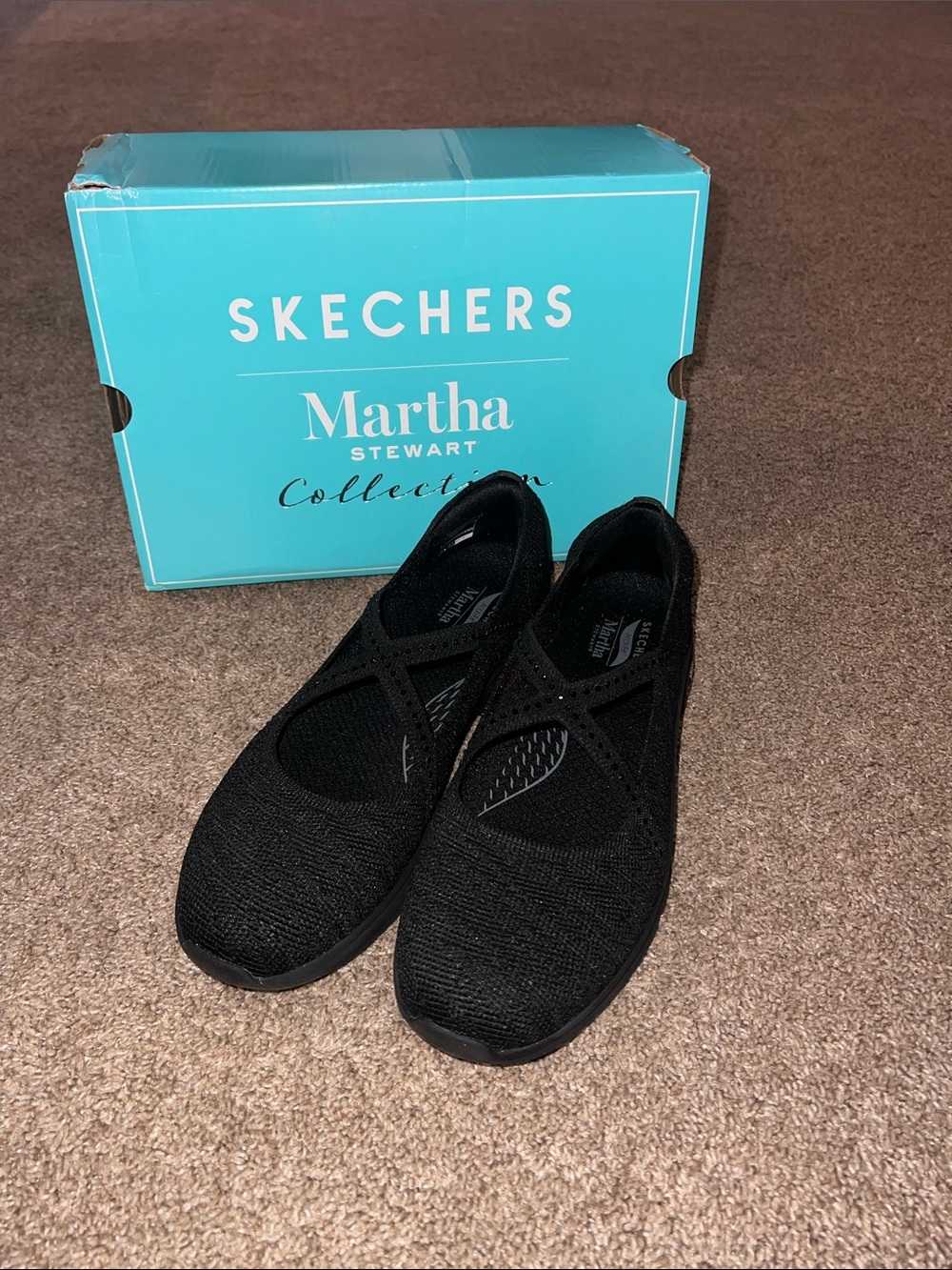 Skechers Martha Stewart Meadow Walks Black Slip-On Crisscross Knit Flats